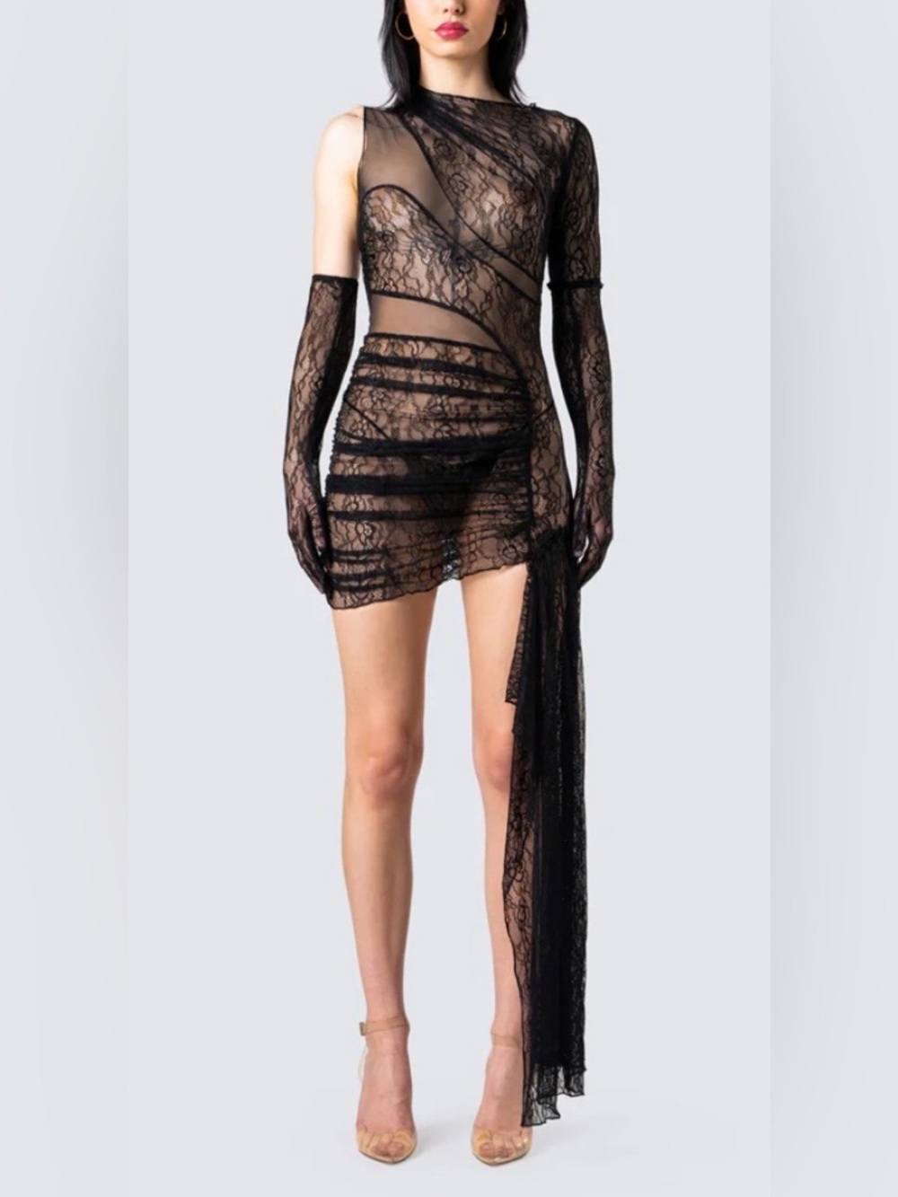 Finesse Sheer Lace Asymmetric Mini Dress with Gloves - Black